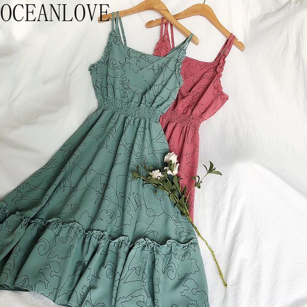 

oceanlove summer dress women print fashion highw waist v neck sweet 2020 dresses all match ruffles a-line vestidos new 16342, Black;gray