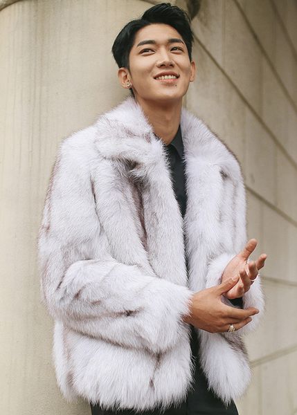 

fur one men's fur coat winter warm lapel men's jacket fashion trend, Black