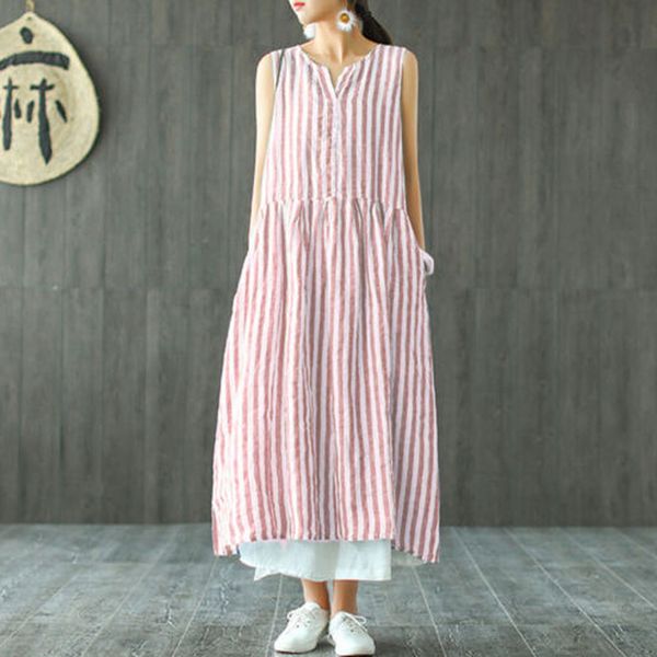 

womens dress ladies stripes casual holiday long sundress loose shirt vintage stitching sleeveless printed plus size, Black;gray