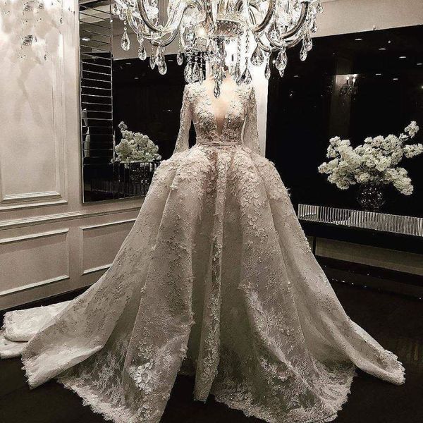 

Vestido De Noiva 2019 Lace Long Sleeves Ball Gown Wedding Dresses Appliques Dubai Arabia Bride Dress Princess Wedding Gowns
