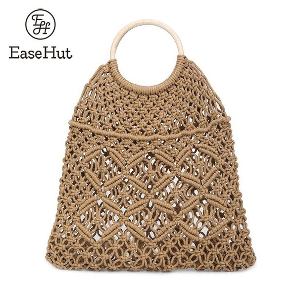 

easehut round beach straw bag for women rattan circle hollowed handmade bag fishing net portable summer holiday handbag bolsa