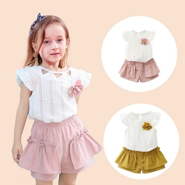 

summer baby girls clothes cute flare sleeve solid print t-shirt +shorts suits 2pcs kids clothes set, White