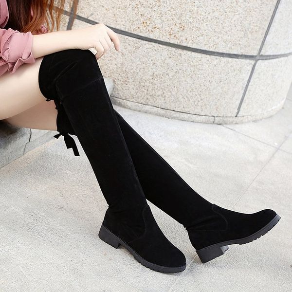 

2019 new women's high heels boots winter suede shoes woman round head laces solid color flat shoes womans boots size 35-40, Black