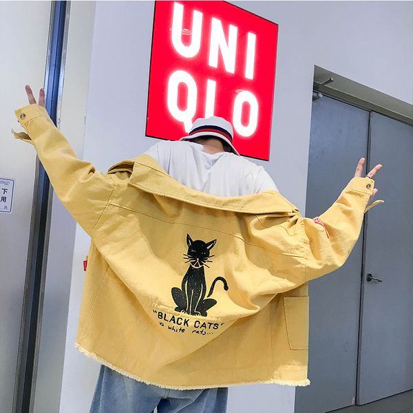 

2019 new spring and summer korean casual couple men's cotton loose trend handsome cute cartoon denim jacket s-5xl size discount, Black;brown