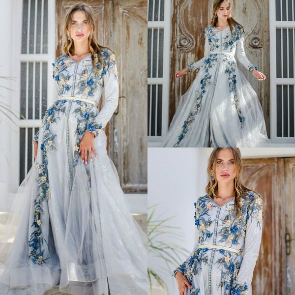 

2020 arabic dubai blue prom dresses v neck 3d floral appliques long sleeve evening gowns a line sweep train special occasion dress, Black