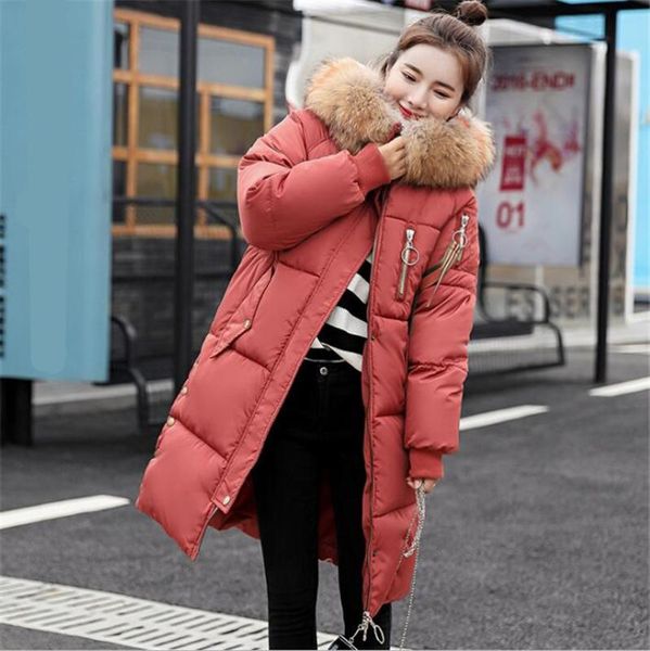 

большой мех зимнее пальто утолщенной parka женщин шить тонкие длинные пальто зимы вниз хлопка дамы вниз утепленная куртка женщин 2018 года, Black