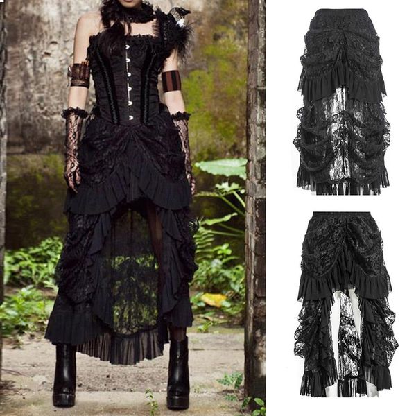 

punk длинные юбки готическая лолита стимпанк кружева vintage rock плиссе одежда black high low lace цветочные привет-lo юбка new
