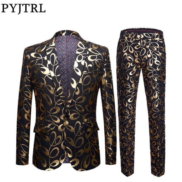 

pyjtrl brand new tide male gold floral pattern slim fit mens suits with pants wedding groom tuxedo singer costume, White;black