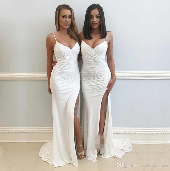 

stylish white sleeveless bridesmaid dresses v-neck long mermaid wedding guest dresses sweep train split party gownsvestidos de novia, White;pink