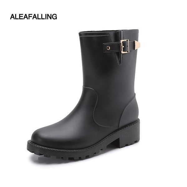 

new mid-heel spring and autumn rain boots ladies fashion water rubber shoes with square button and mid-barrel slip-proof, Black
