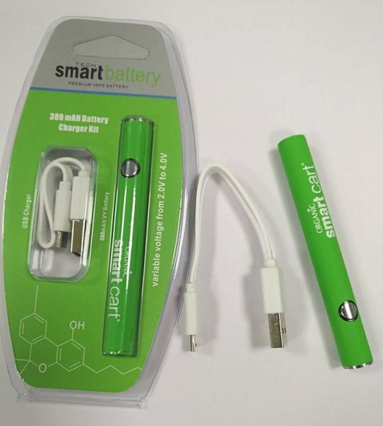 

Smart Carts Разогрев батареи 380mAh Переменное напряжение VV ​​Аккумулятор с зарядным устройством Mirco USB Vape Pen Kit для всех эго емкостей 510 с резьбой DHL