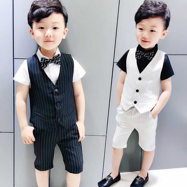 

brand boy wedding birthday dress kids formal dress suit children vest+pant clothing set 2pcs kids stripe clothes set 2pcs, White