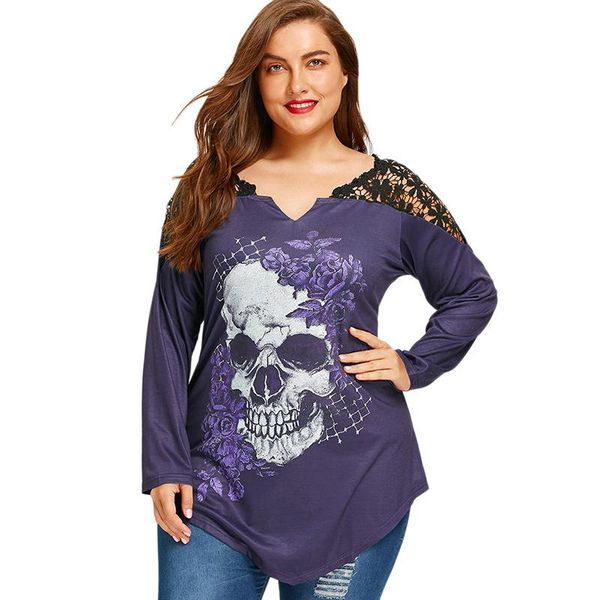 

plus size 5xl lace crochet skull print asymmetrical graphic tees women t shirts long sleeve loose t-shirt breathable, White