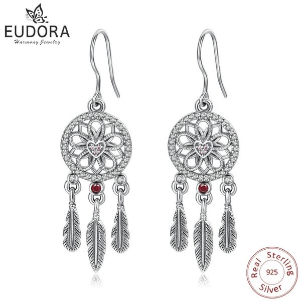 

eudora unique real 925 sterling silver dream catcher earring romantic feather dangle drop earring women fine jewelry gift e81