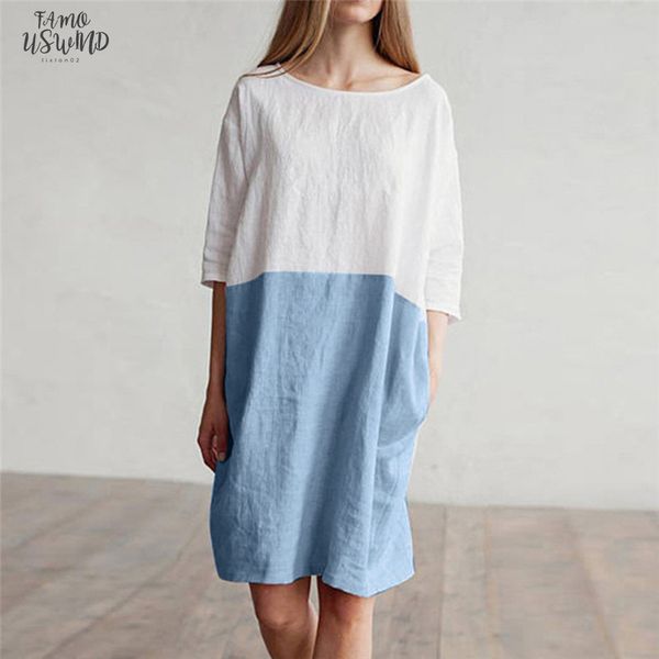 

2020 summer dress women casual patchwork 1 2 sleeved cotton linen loose pockets tunic dress fashion casual sundress, Black;gray