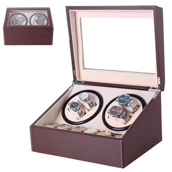 

pu leather watch winding winder storage box collection display us plug automatic mechanical doblue head motor jewelry 2019, Black;blue