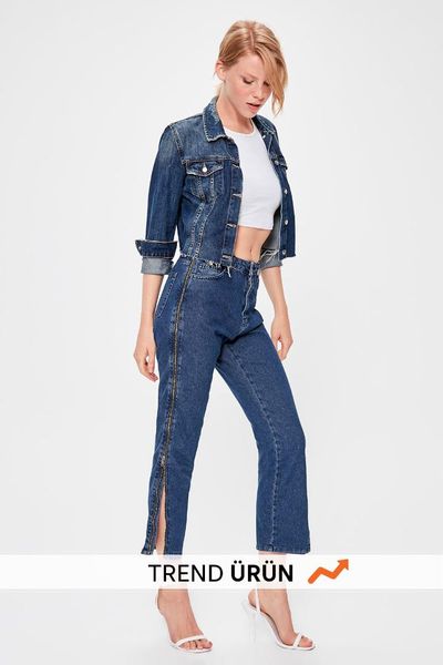 

trendyol blue zipper detailed high bel mom jeans twoaw20je0146