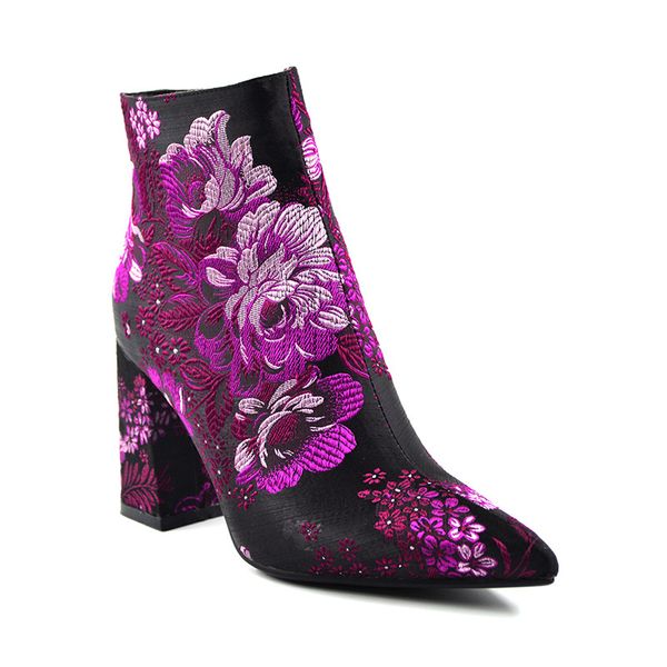 

leather large size women's boots autumn and winter new flower cloth women's boots fashion embroidery flower ankle 34-43, Black