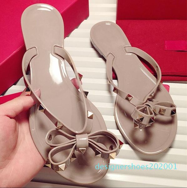 

new 2020 woman summer sandals rivets big bowknot flip flops beach sandalias femininas flat jelly designer sandals d01, Black