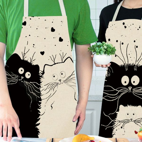 

cartoon cat printed cotton linen apron kitchen cooking waterproof anti-dirty bib