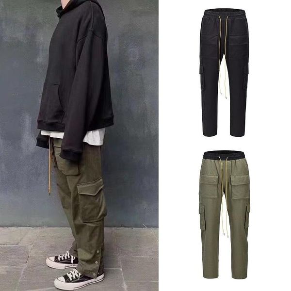 

retro kanye style sergeant drawstring pants ins multi-pocket overalls mens casual trousers breasted loose trousers, Black