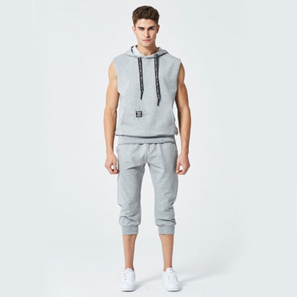 

summer new fashion mens tracksuit men short sleeveless pullover with casual capri jogger pants suits homme sportsuit, Gray