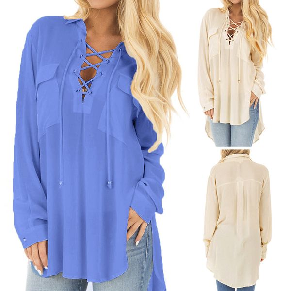 

women spring autumn bandage deep v-neck long sleeve shirt loose chiffon blouse blusas mujer de moda #20, White