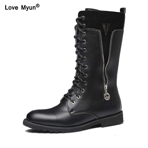 

army boots men combat metal lace up buckle male motorcycle punk boots zipper fashion men's shoes rock 786, Black