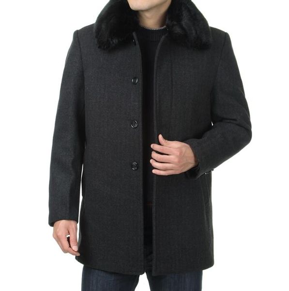 

male business casual woolen coat men autumn and winter medium-long trench coats mens overcoat grey fur collar plus size l - 4xl, Black