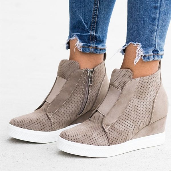 

women pu leather elevator shoes female fashion wedge flat shoes solid walking sneakers ladies zipper platform high heels, Black