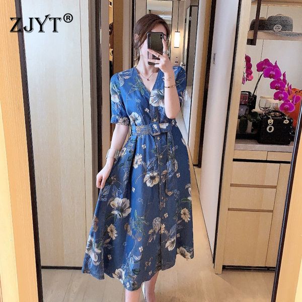 

summer dresses for women 2020 new fashion short sleeve floral print denim dress blue, Black;gray