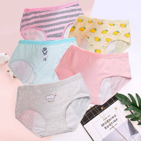 

women's panties menstrual period women leakproof cotton physiological underwear ladies cartoon print briefs, Black;pink
