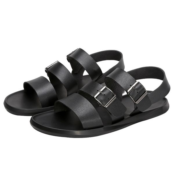 

Men Leather Sandals 2019 Summer Open Toe Casual Shoes Outdoor White Soft Sole Beach Gladiator Sandalias Hombre Buckle Strap
