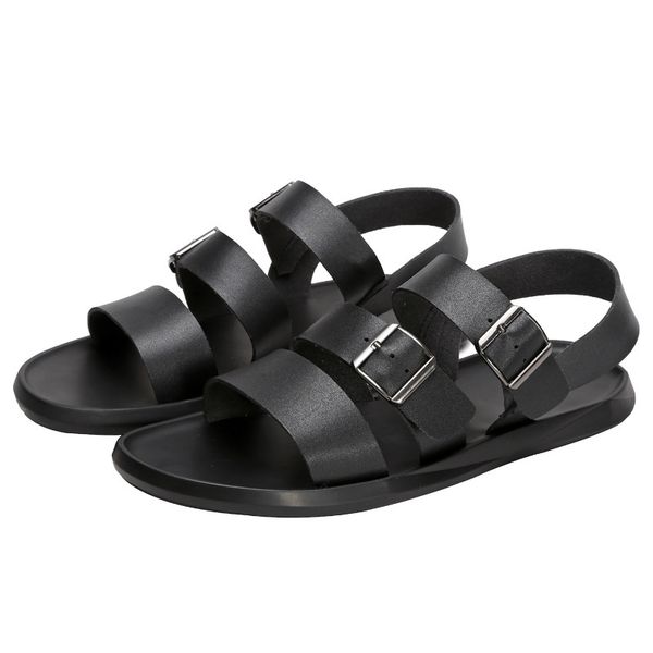

men leather sandals 2019 summer open toe casual shoes outdoor white soft sole beach gladiator sandalias hombre buckle strap, Black
