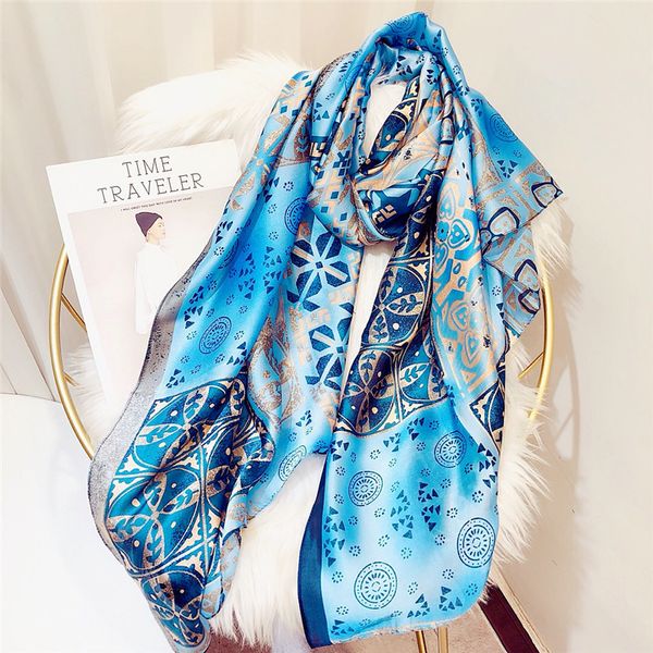 

simulation silk scarf ms. european and american style geometric print long scarf dual-use multi-function shawl, Blue;gray