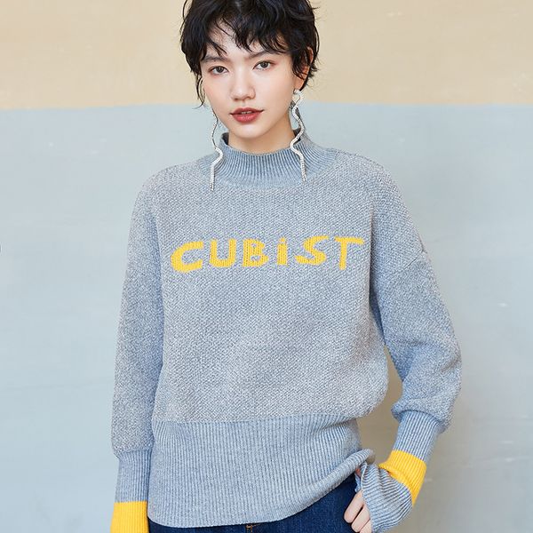

mevgo2019 new women slim waist patchwork stand collar knitted sweetshirt budycon puff sleeve letter embroidery hd3204, Black