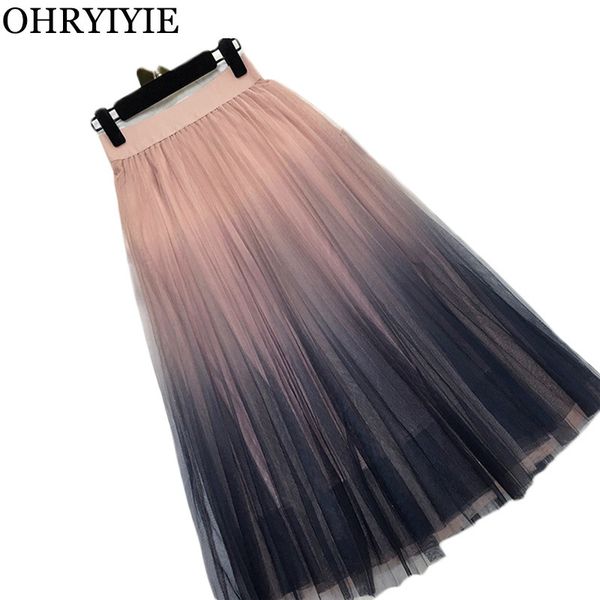 

ohryiyie women gradient color tulle skirt women 2020 summer casual patchwork pleated skirts female elegant high waist long skirt, Black;gray