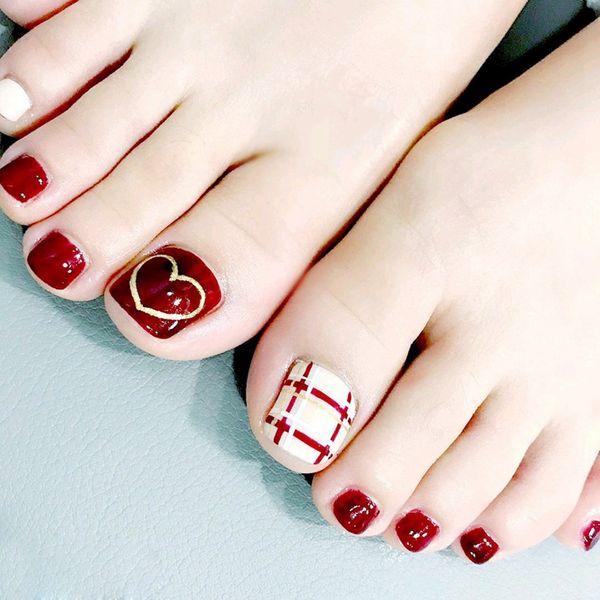 

22pcs fashion toe fake nails cartoon face press on foot tips deep pink black and yellow, Red;gold