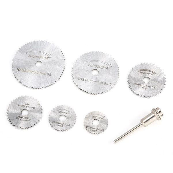 

7pcs hss circular saw blade rotary tool 22/25/32/35/44/50mm wood cutting discs drill mandrel for dremel metal cutter