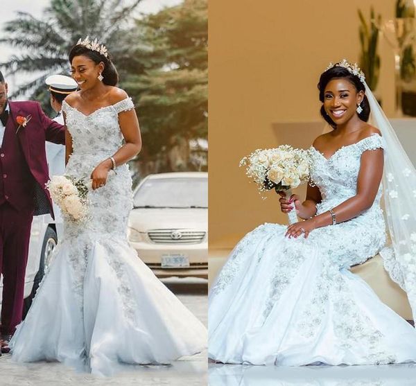 

romantic vintage off shoulder mermaid bridal dresses for wedding with applique beaded wedding dresses custom made back zipper gowns, White