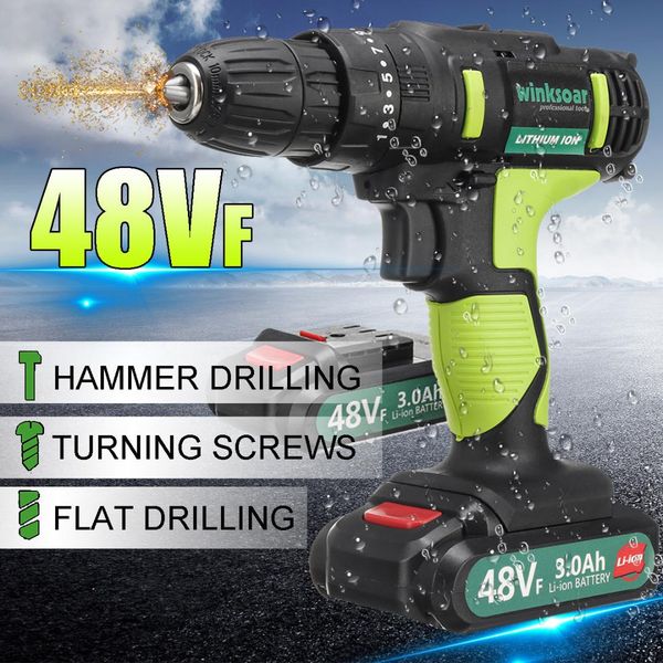 

3 в 1 электрическая отвертка 48vf ​​25 + 1 крутящий момент cordless drill electric li-ion аккумулятор power tools 2-speed ​​водонепроницаемы