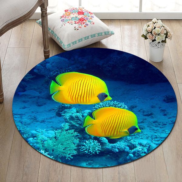 

blue underwater world coral and fish round carpet for baby kids home living room bedroom cushion area rug bathroom floor mat