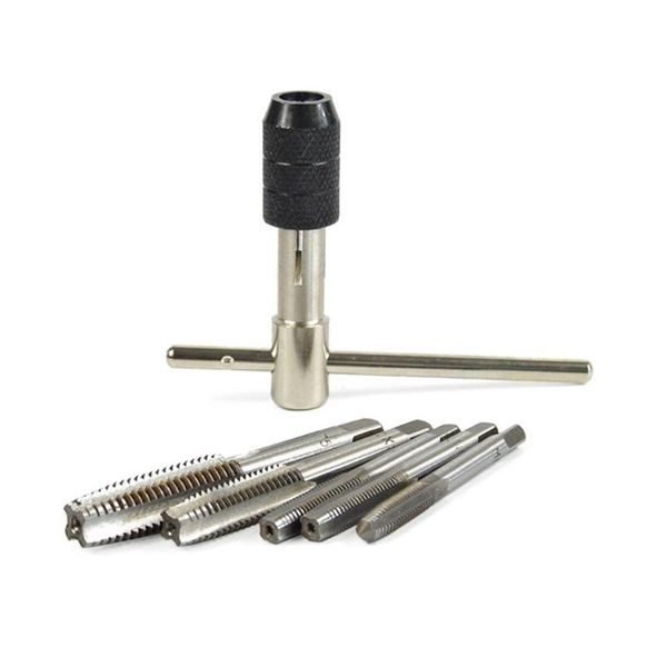 

6pcs/set adjustable m6-m12 t-handle ratchet tap wrench machinist tool with screw thread plug tap tool set silver