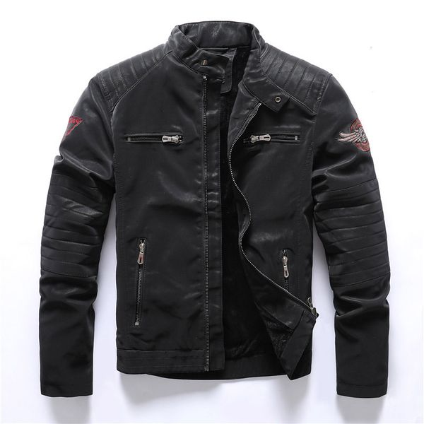 

kiovno men winter pu leather jacket coats fleece lined motorcycle embroidery jackets outwear for male size m-3xl windbreak, Black