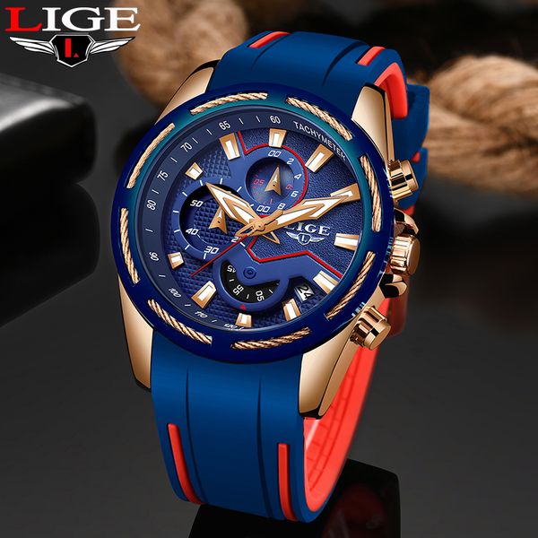 

lige fashion mens watches brand luxury multi-function dial sports watch men date waterproof quartz clock relogio masculino, Slivery;brown