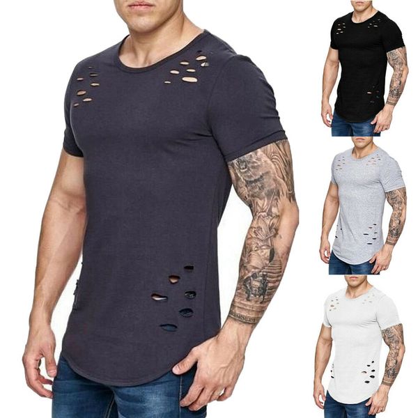 

new arrival solid casual short sleeve plus size m-3xl men slim fit o-neck short sleeve muscle tee t-shirt ripped casual, White;black