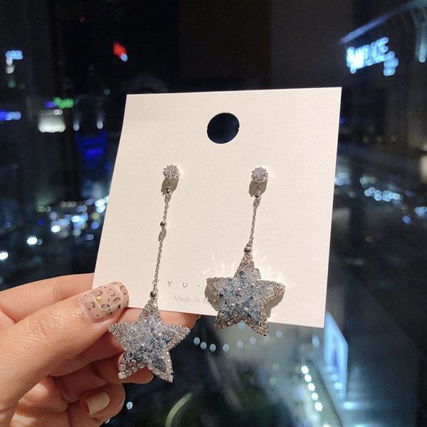 

celebrities popular style small fresh blue crystal pentagonal star earrings long asymmetrical earrings, Silver