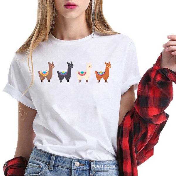 

women clothes 2020 harajuku kawaii alpacas llama animal print funny t shirts cute tee shirt femme 90s tumblr tshirt, White