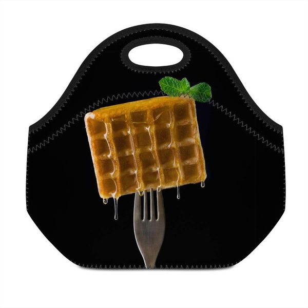 

thikin insulated thermal lunch bag with creative fork and honey waffles print snacks meal bags tote lunch box for women warm, Blue;pink