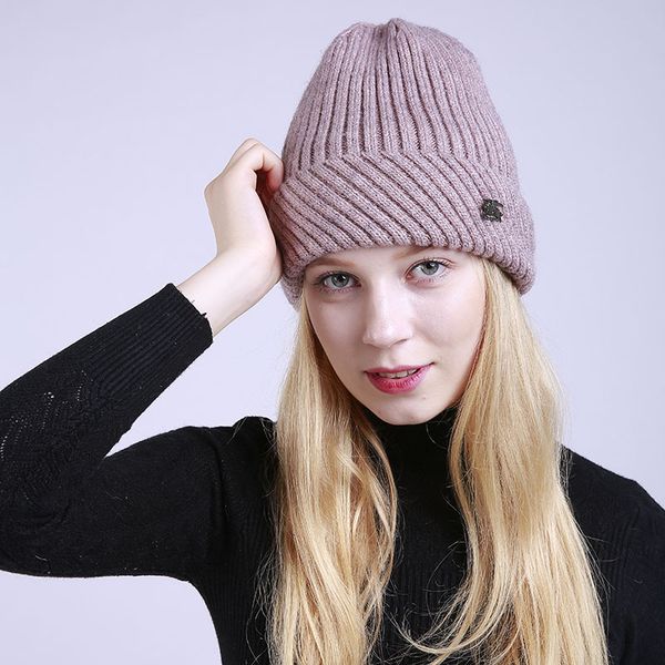 

winter women skullies hats solid color stripe add wool warm man woman round cap 2018 new knitting wool edge set of head cap